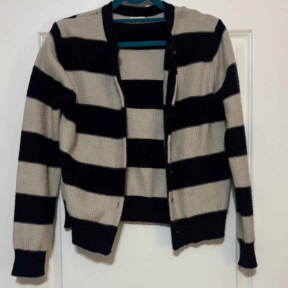 POL Striped Black and Cream Cardigan Sweater